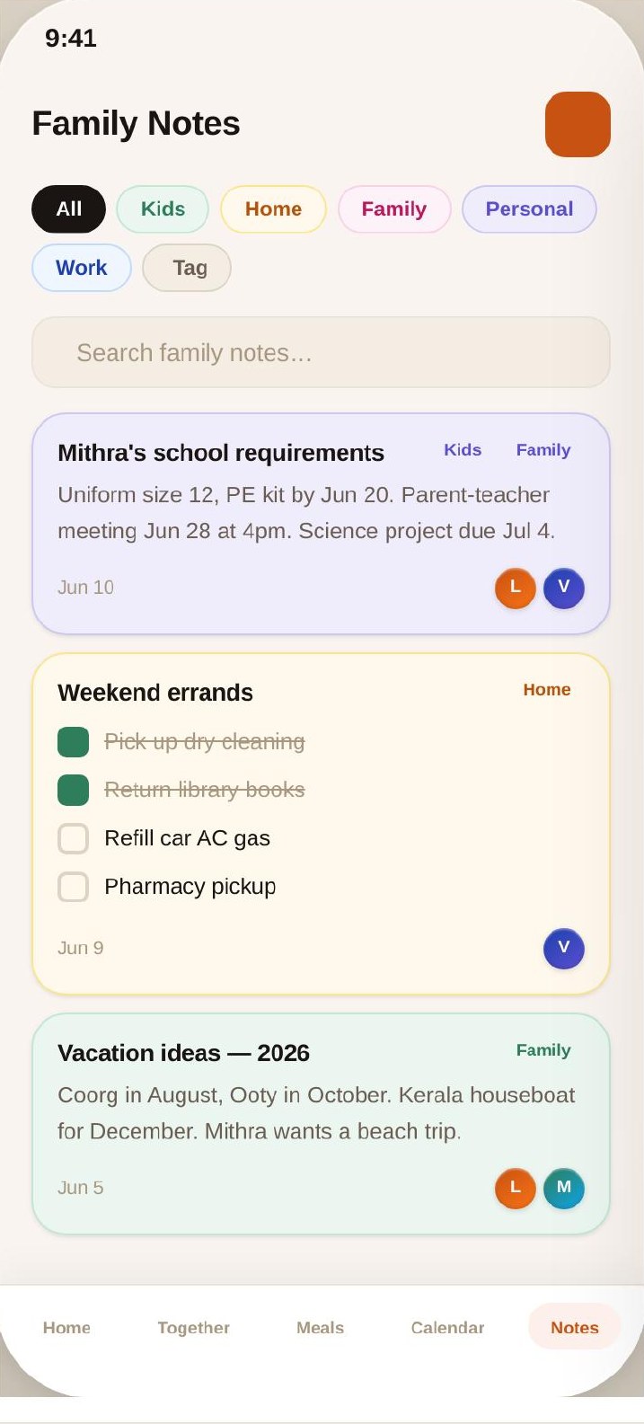 Ouralink app screen: Family Notes
