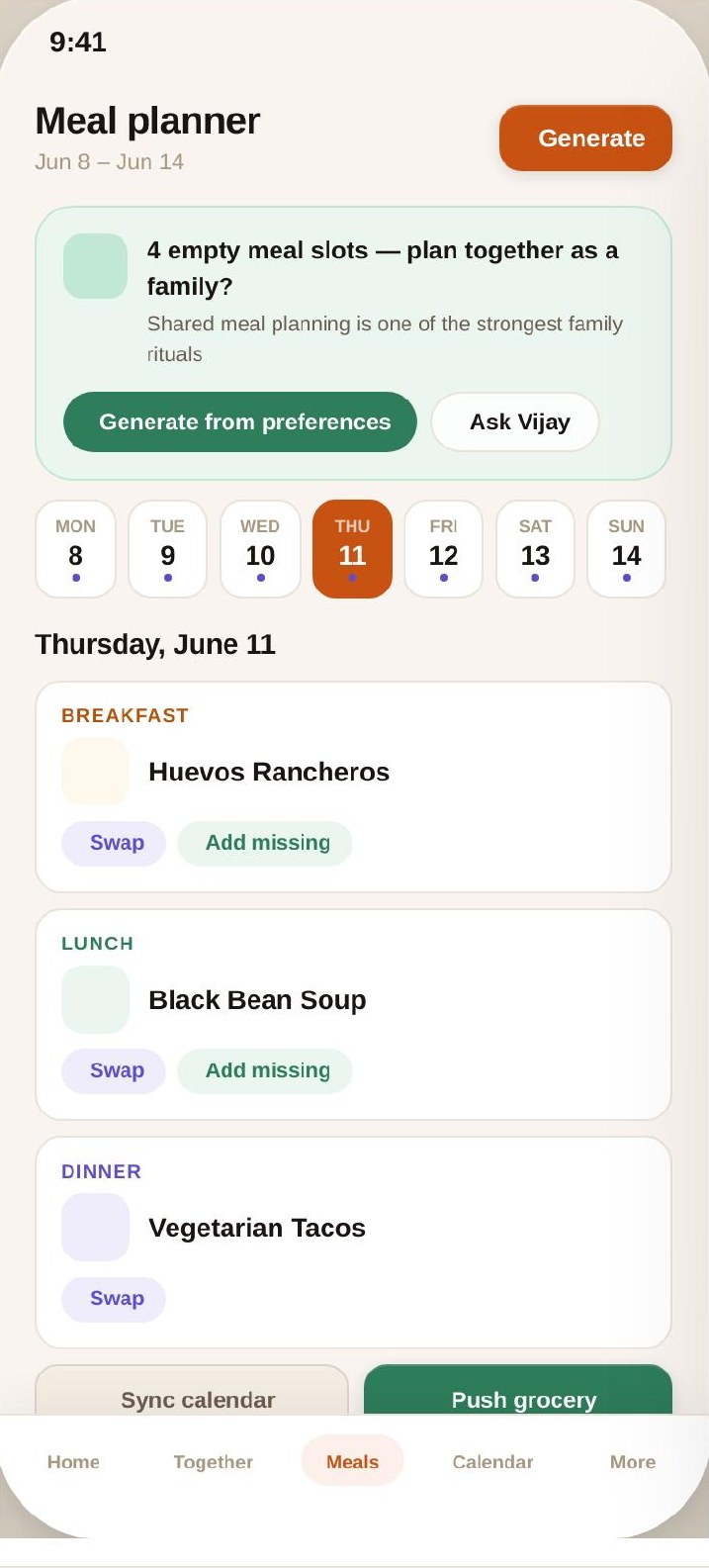 Ouralink app screen: Meals