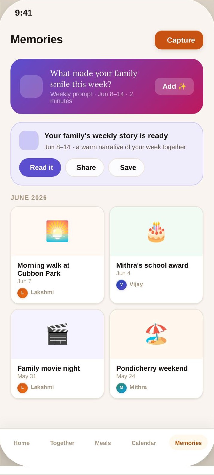 Ouralink app screen: Memories