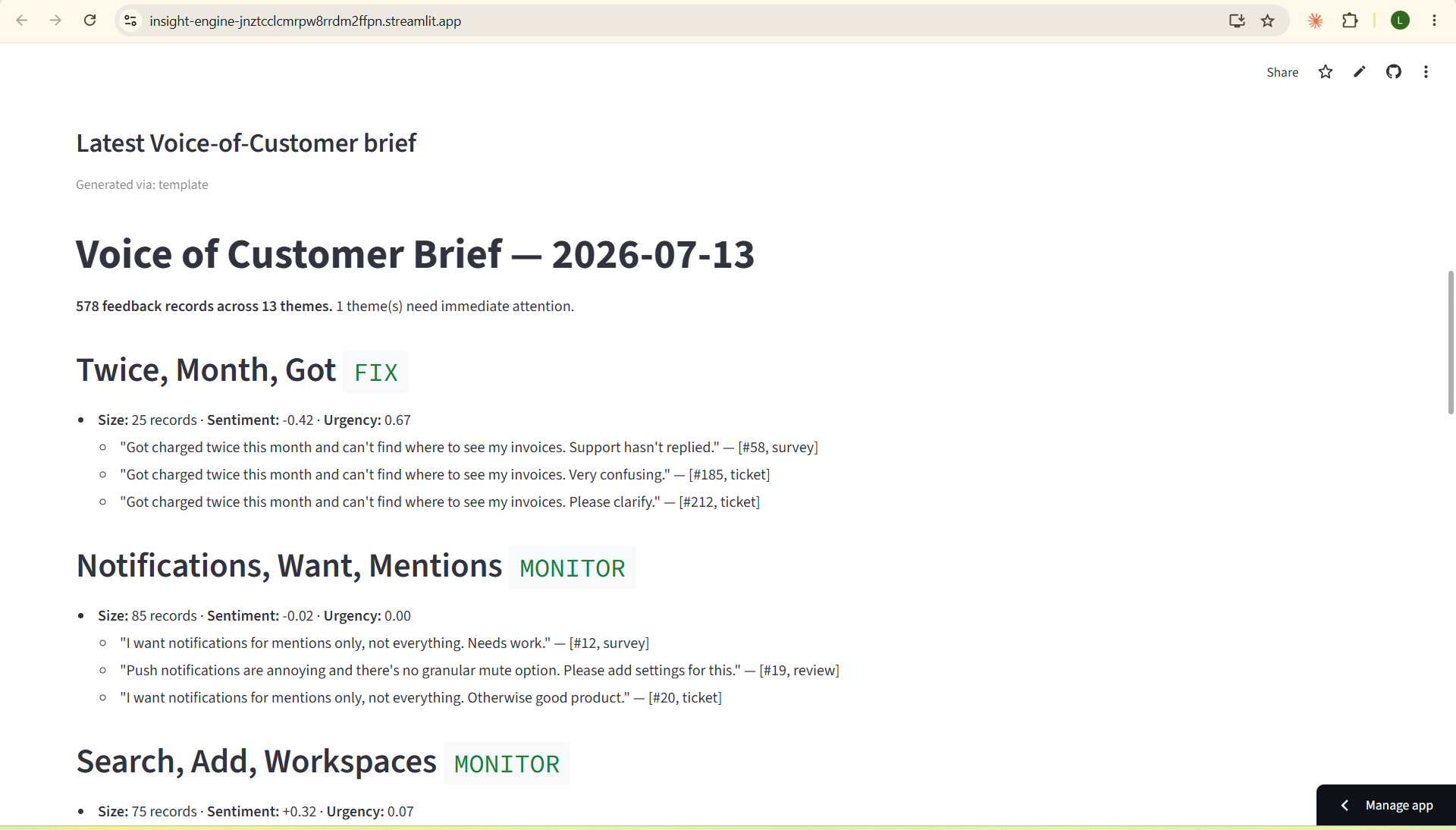 Latest Voice of Customer brief generated by Insight Engine with themed sections, sentiment, urgency, and evidence quotes