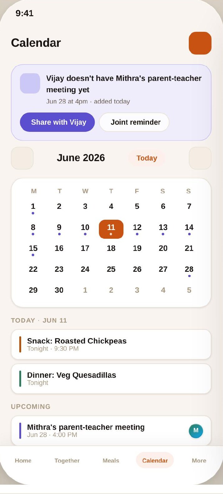 Ouralink app screen: Calendar