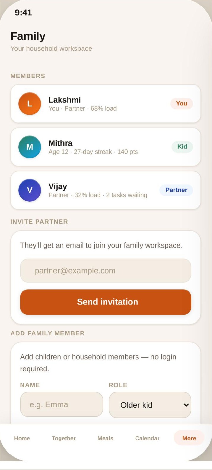Ouralink app screen: Family
