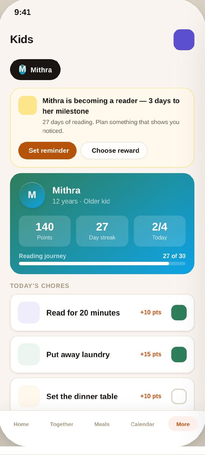 Ouralink app screen: Kids