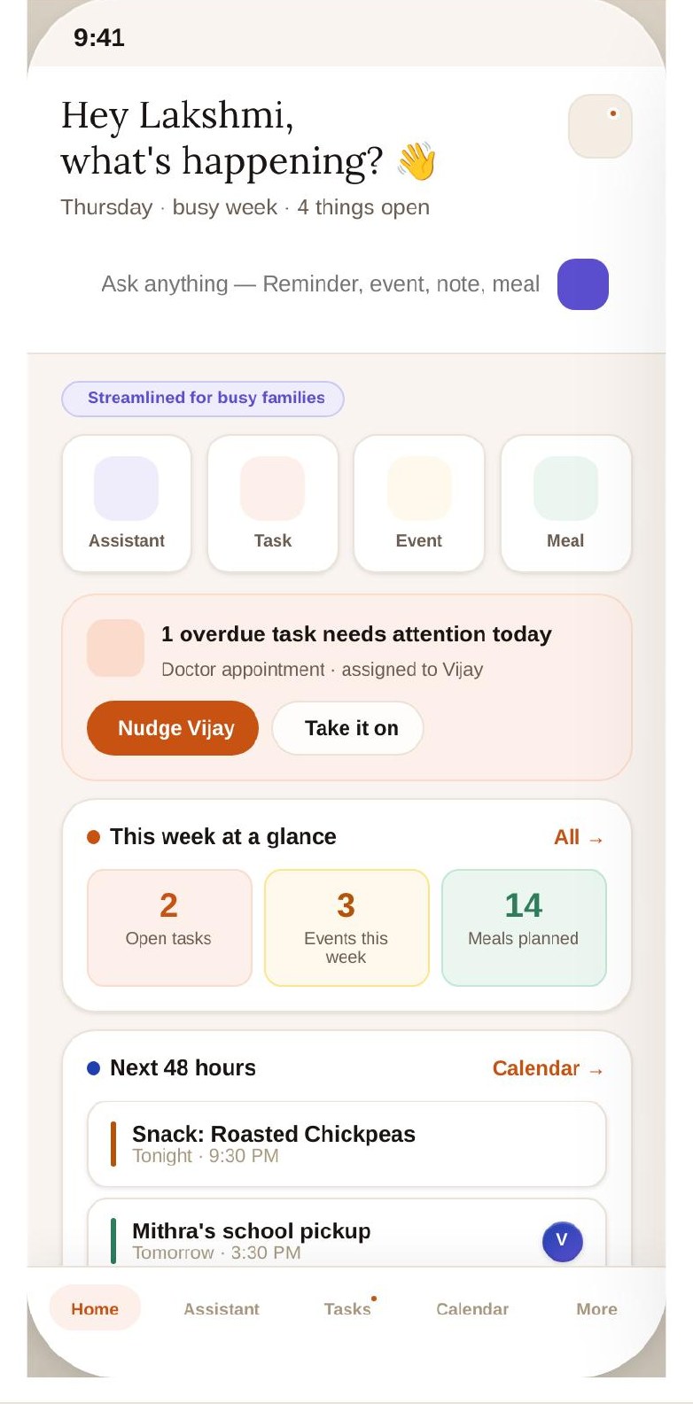 Ouralink app screen: Home · Variant B — Busy Family