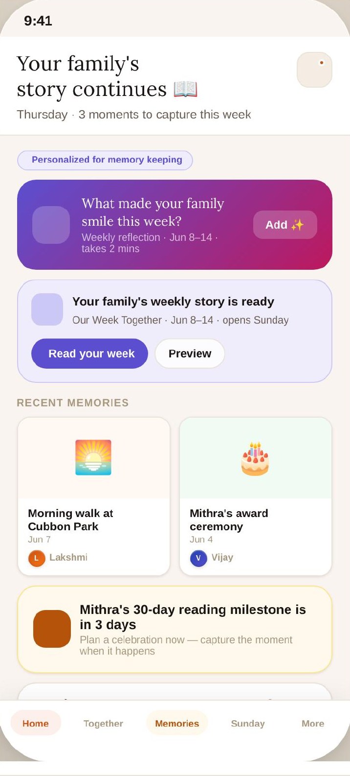 Ouralink app screen: Home · Variant C — Memory-Focused