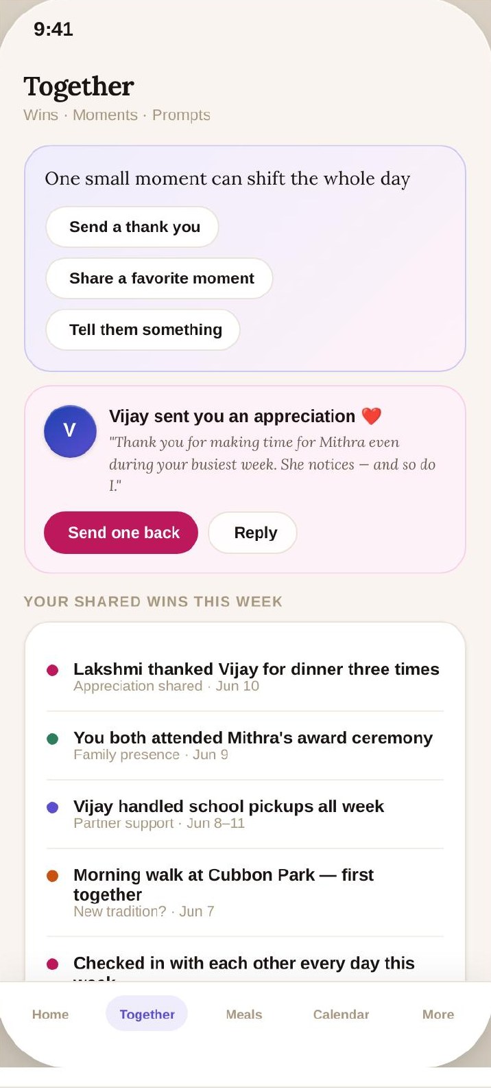 Ouralink app screen: Together — Wins & Prompts